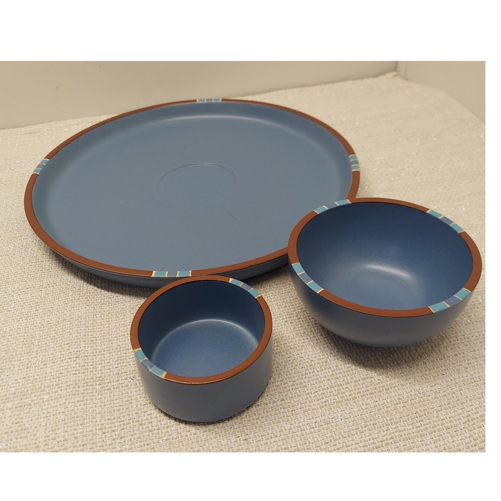 Dansk Mesa Sky Blue Stoneware 3 Piece Chip & Dip Set Platter Portugal Matte Blue